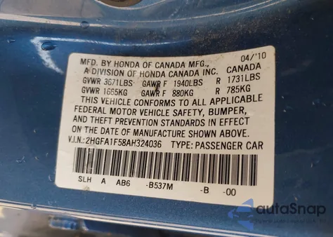 2010 Honda Civic Lx from USA, damaged, VIN 2HGFA1F58AH324036